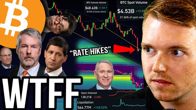 This image is a YouTube video thumbnail centered on Bitcoin and market volatility, showing a man with wide-eyed shock on the right, alongside cutouts of Jerome Powell and other financial figures near the Bitcoin logo and a descending candlestick chart. Visible text highlights "RATE HIKES," "BTC Futures Volume $68.62B +37.83%," "BTC Spot Volume $4.53B +15.0%," "Open Interest 138.21B -3.46%," and "Liquidation 564.77M +145.52%," reinforcing the post's warning about a massive liquidation event and short position ahead of the Friday CPI report.