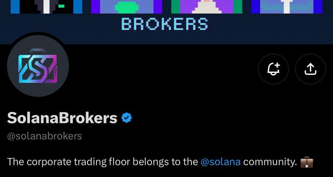 A Solana Brokers Twitter/X profile is displayed, featuring the handle @solanabrokers and a bio stating "The corporate trading floor belongs to the @solana community." This aligns with the post seeking community members for a spot on the Solana Brokers platform.