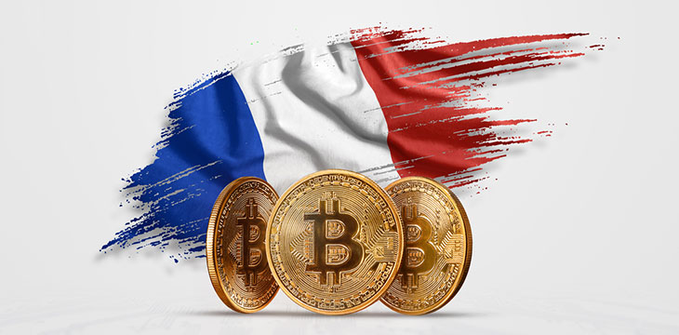 Three gold Bitcoin coins stand in front of a stylized French flag (blue, white, and red) painted with brushstroke edges on a white background.