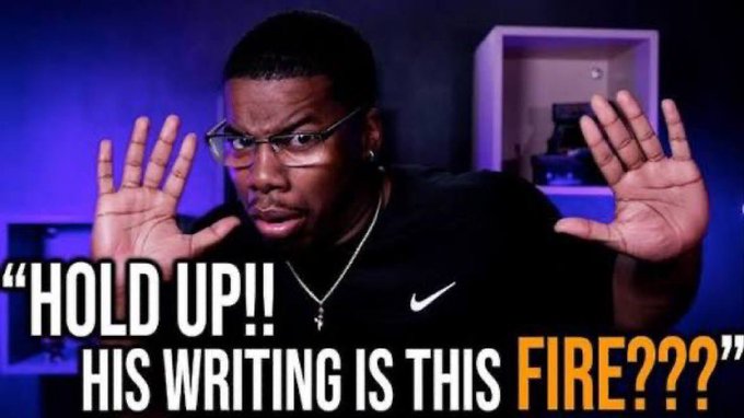 The image shows a YouTuber with glasses and a black Nike shirt holding both hands up in an exaggerated "stop" gesture, with text overlay reading "HOLD UP!! HIS WRITING IS THIS FIRE???" This expressive reaction meme humorously conveys exaggerated excitement, mirroring the post's enthusiastic tone about the PUMPUSDT 13% gain attributed to Dr. Axius.