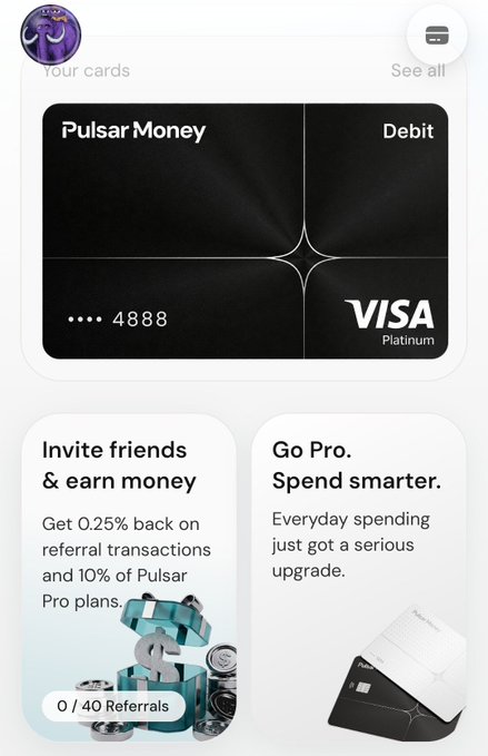 A screenshot of the Pulsar Money app interface displays a black Visa Platinum Debit card ending in 4888, alongside two promotional sections offering 0.25% cash back on referral transactions and 10% of Pulsar Pro plans, with an invite progress counter showing "0 / 40 Referrals" matching the post's offer of 40 invite codes.