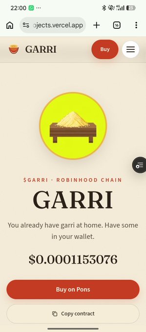 A mobile screenshot of a cryptocurrency page for 'GARRI' on the Robinhood Chain, priced at $0.0001153076, with buttons to 'Buy on Pons' and 'Copy contract'.