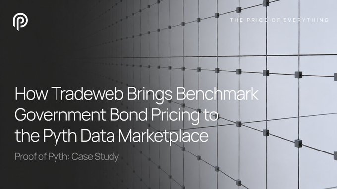 A dark promotional graphic featuring the Pyth logo and the headline "How Tradeweb Brings Benchmark Government Bond Pricing to the Pyth Data Marketplace," subtitled "Proof of Pyth: Case Study," with a geometric grid background visualizing the integration of institutional-grade bond data into decentralized markets as mentioned in the accompanying post.