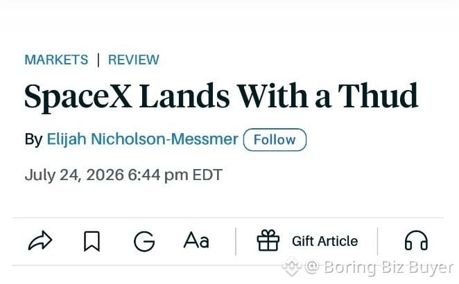 A Bloomberg Markets Review article headline reading "SpaceX Lands With a Thud" by Elijah Nicholson-Messmer, dated July 24, 2026 6:44 pm EDT.