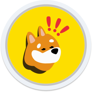 A circular yellow icon featuring a cartoon shiba inu dog with three red exclamation marks above its head.