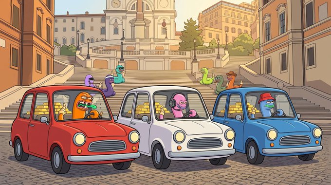 A colorful cartoon illustration depicting anthropomorphic worms driving three small vintage-style cars (red, white, and blue) loaded with gold bars in front of a Roman-style staircase.