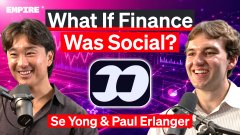A vibrant promotional image featuring Se Yong and Paul Erlanger of Fomo alongside the text "What If Finance Was Social?" and Fomo's logo, illustrating a podcast episode where Paul compares crypto trading fees—Fomo's near-zero rates against Robinhood's 85 bps each way.