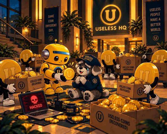 An AI-generated illustration of a plush dog dressed as a security officer at the 'Useless HQ' lobby, surrounded by robots and cartoon coins labeled 'USELESS COINS (RECOVERED)' alongside a laptop displaying 'HACKED'.