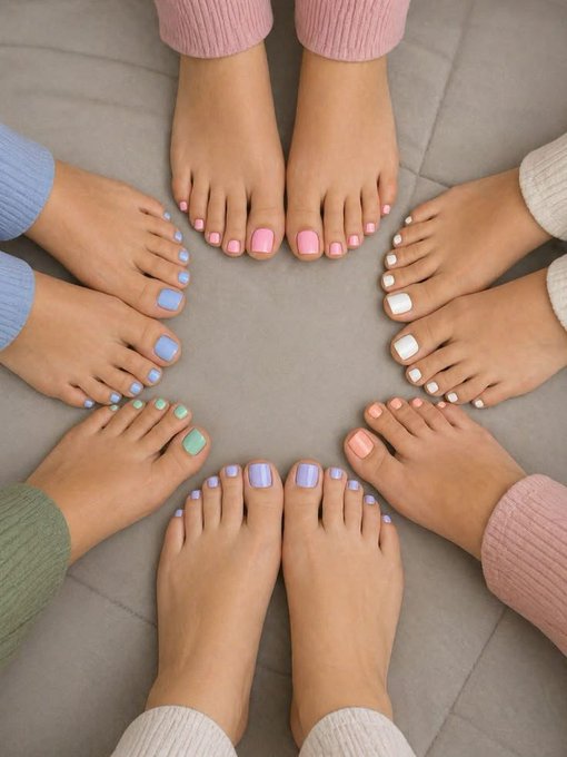 Five pairs of feet in soft pastel pedicures—from baby blue to lavender to mint and white—are gathered in a circle, toes pointing toward the center like a manicured mandala. The image visually echoes the "Feed the fetish" caption, with the playful $TOESCOIN framing this toe-centric gathering as a celebration of all things feet.