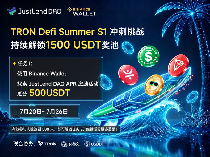 Promotional banner for the 'TRON DeFi Summer S1' challenge by JustLendDAO and Binance Wallet, offering a 1,500 USDT prize pool running July 20-26.