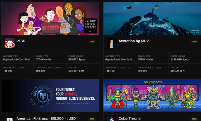 A dark webpage displays four cryptocurrency airdrop campaigns: 'PTSD', 'Accretion by MDV', 'American Fortress - $15,000 in USD', and 'CyberThrone', each listing reward amounts in GTD Spots.