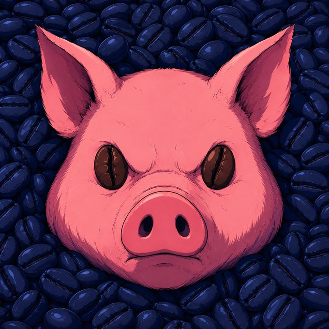 Digital illustration of a pink pig's face surrounded by a sea of dark blue coffee beans.