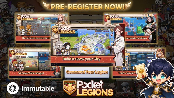 The image features a poster for a new strategy video game called "Pocket Legends". The poster showcases five different gameplay options, each with its own unique character design and gameplay mechanics. The game's title is prominently displayed at the top of the poster, along with the date when it will be available for download. The poster also includes a call to action, encouraging players to pre-register now before the game becomes available for purchase.