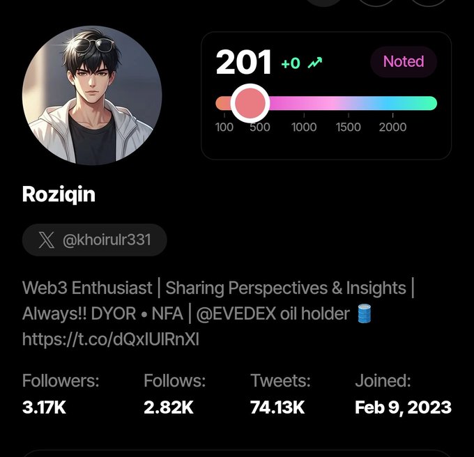 A Twitter/X profile for 'Roziqin' (@khoirulr331) showing a score of 201, described as a 'Web3 Enthusiast' with 3.17K followers and 74.13K tweets.