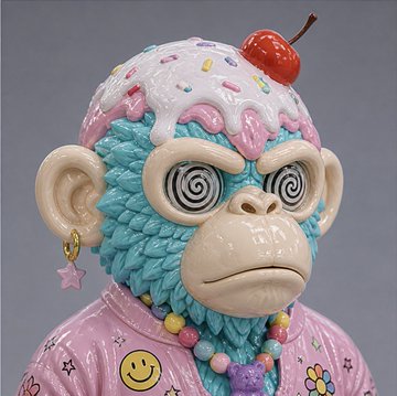 A designer toy figure of a turquoise monkey with swirling hypnotic eyes, wearing a pink shirt with smiley faces, beaded necklaces, and a hat topped with a cherry and dripping white icing.