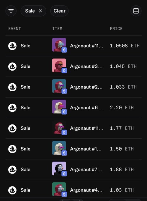 A dark-themed NFT marketplace interface displays a 'Sale' filter showing multiple 'Argonaut' pixel art items listed for sale in ETH (Ethereum), with prices ranging from 1.033 ETH to 2.20 ETH.