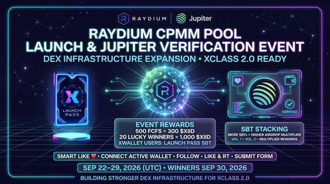 A banner for the 'RAYDIUM CPMM POOL LAUNCH & JUPITER VERIFICATION EVENT' (Sep 22-29, 2026) offering event rewards including 500 FCFS, 300 $XIID, and SBT Stacking.