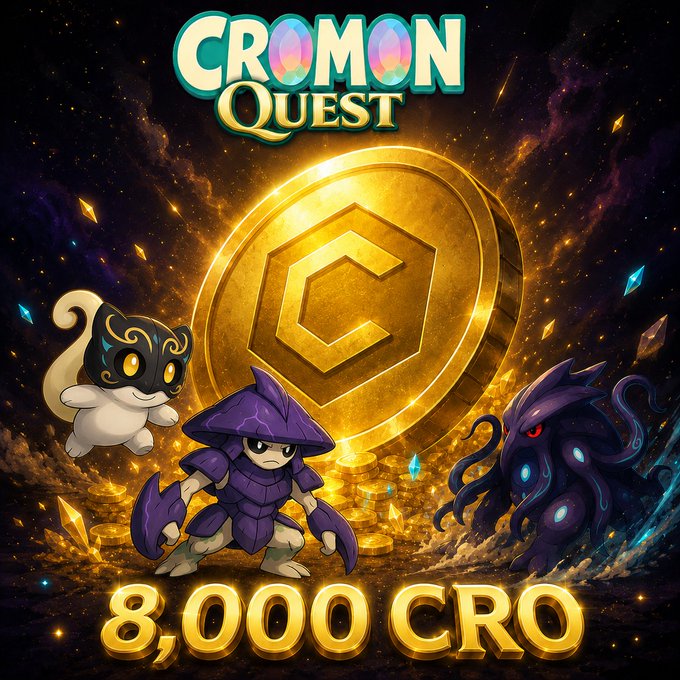 A fantasy-themed promotional image for 'CROMON QUEST' featuring a golden coin with a 'C' logo, a knight character, and creatures, advertising '8,000 CRO'.