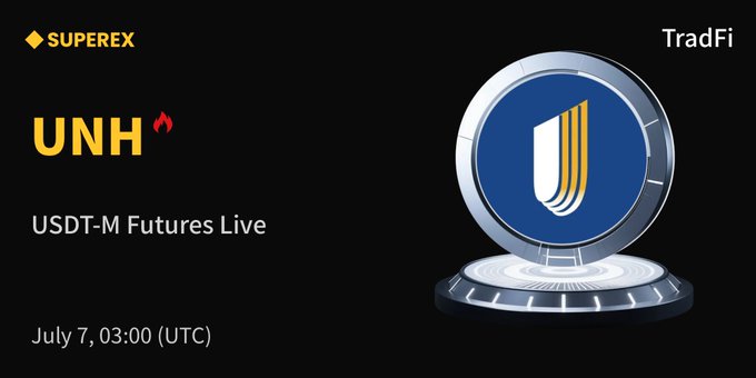 A promotional graphic for SuperEx announces the addition of UNH (UnitedHealth Group) to its TradFi USDT-M Futures, scheduled for July 7 at 03:00 UTC, featuring the company's logo alongside a stylized trading platform icon.