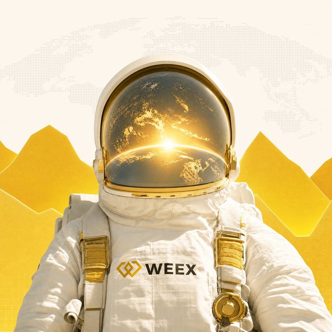 A promotional graphic featuring an astronaut in a white spacesuit with a visor reflecting Earth; the chest bears the 'WEEX' logo.