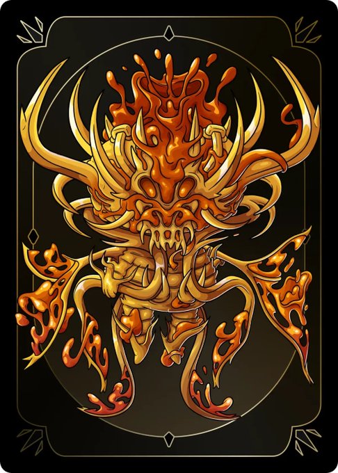 A stylized illustration of a fiery, demonic creature with horns and orange flames on a dark card-like background.