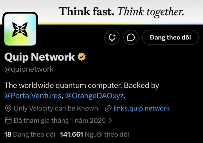 The image features a black background with white text that reads "Think fast. Think together." The text also includes a logo of a butterfly, which could be an indication of Quip Network's branding or a symbol related to their services. In addition, there is a Twitter account for Quip Network, and the post mentions a project called "quip network" with a link to its website.