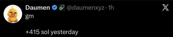 A screenshot of a post from user "Daumen" (@daumenxyz) on X reads "gm" with text below noting "+415 sol yesterday," referring to a 415 Solana profit. This relates to the accompanying post where the user apologizes for participating in an "80% coin" trend and promises to give away the profits earned.