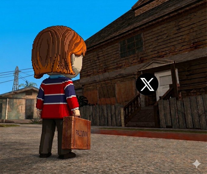 Pixel art style 3D rendered image showing a chibi-style figure with orange hair, a red and blue striped shirt, holding a brown suitcase labeled "PALDOVA", standing in front of a run-down wooden house with an X logo overlay.