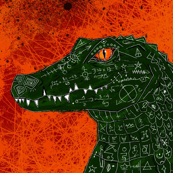 The image features a green crocodile head with a red background, giving it an artistic and unique appearance. The crocodile's mouth is open, revealing its teeth, which adds to the overall visual appeal of the piece. The text "GM Art Enthusiast Still looking for its first collector" suggests that this artwork might be part of a collection or a personal project by someone who appreciates art. The post also mentions that there are 63/95 items available for sale on the website, which could indicate that the artist is selling their work online to reach a wider audience and share their creations with others.