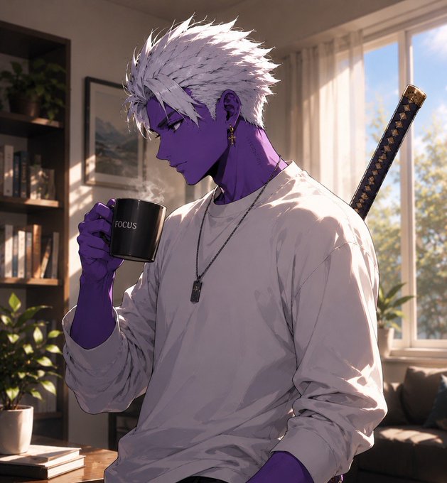 An anime-style illustration of a purple-skinned young man with spiky white hair, wearing a white long-sleeve shirt, drinking from a black mug labeled "FOCUS" while a katana rests behind him in a sunlit room.