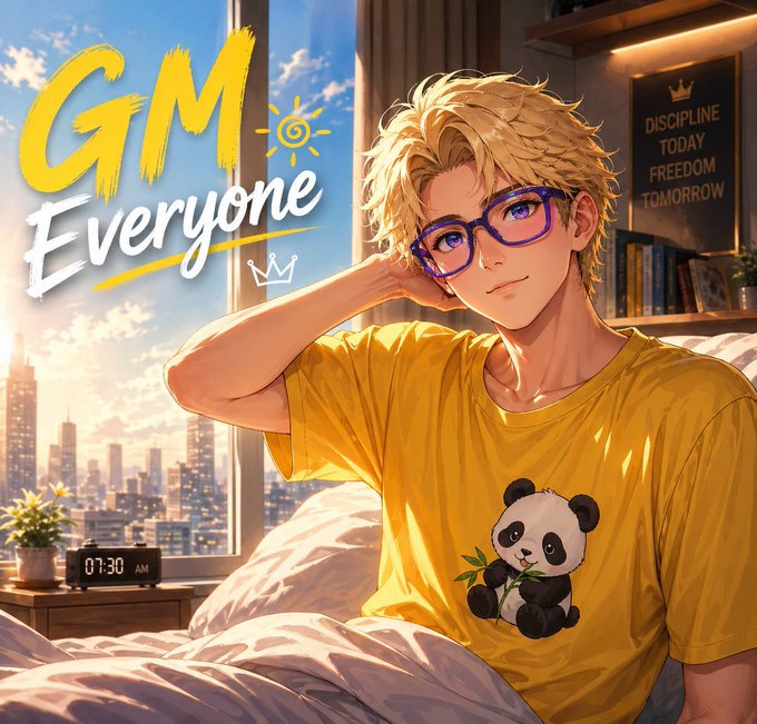 The image features a man wearing a yellow t-shirt with a panda design and glasses. He's sitting comfortably in bed, possibly watching TV or reading. The background shows a window overlooking an urban cityscape at sunrise. The caption of the photo reads "Good Morning CT Working wednesday is ON Today'S goal is to find new opportunities and improve my ranking in the @NomismaNetwork leaderboard."