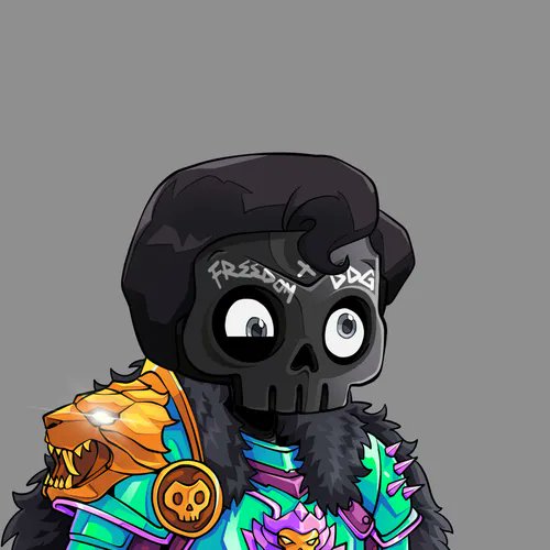 A digital illustration of a cartoon character with dark hair and a black skull mask bearing the words "FREEDOM" and "DOG," wearing a fur-collared jacket with an orange dinosaur shoulder piece.