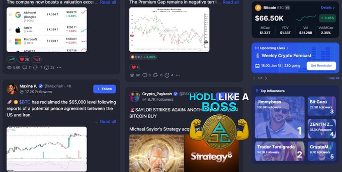 The image features a collage of news articles and social media posts related to cryptocurrency trading and market trends. The posts include information about Bitcoin, stock markets, and other financial topics. One of the posts highlights the importance of real communities and engagement on social media platforms in the world of cryptocurrency.