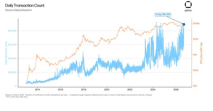 The chart from Galaxy Research displays Bitcoin's daily transaction count (blue line) alongside BTC price in USD on a logarithmic scale (orange line) from 2013 through 2026, with a callout highlighting "Today 893,391" transactions—matching the post's figure of Bitcoin's fourth-busiest day in its history, occurring at the rightmost end of the timeline near recent highs in both transaction volume and price (~$100k+).