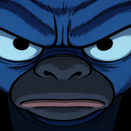 A close-up, intense illustration of a blue gorilla's face with an angry expression, furrowed brows, and glaring eyes.
