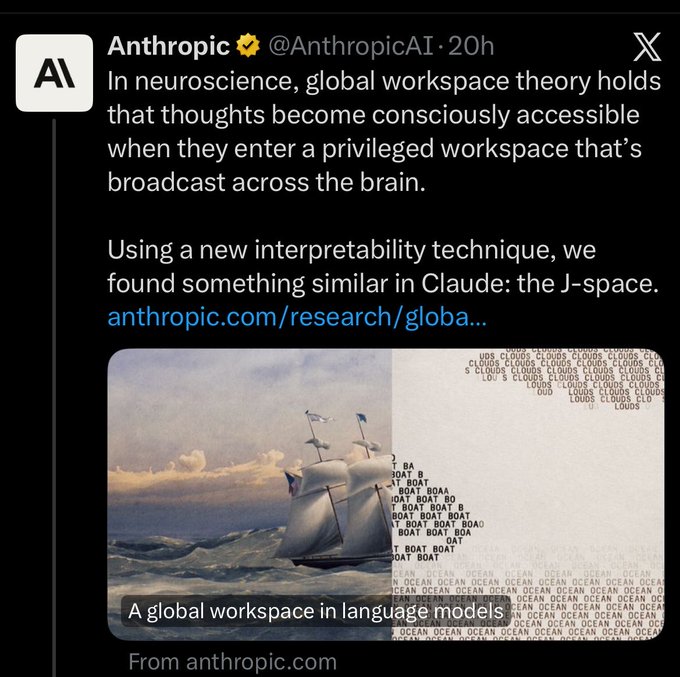 A tweet from Anthropic (@AnthropicAI) discussing global workspace theory in neuroscience and a similar 'J-space' found in Claude, illustrated with a ship painting and overlaid words like 'CLOUDS', 'BOAT', and 'OCEAN'.
