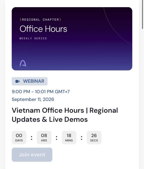 The image displays an event card for "Vietnam Office Hours | Regional Updates & Live Demos," a webinar scheduled for September 11, 2026, at 9:00 PM – 10:01 PM GMT+7, with a countdown timer showing 00 days, 08 hours, 18 minutes, and 26 seconds remaining and a "Join event" button. The card complements the post announcing Arc Vietnam Office Hours happening tonight, which highlights featured projects KERYX (by @tangvu_dev, a Lepton × Arc Hackathon winner) and LuckyPot.cc (by @still_gm), a USDC savings and prize draw platform.