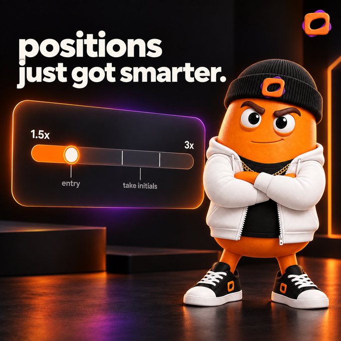 Promotional graphic featuring an orange mascot character in a beanie and white hoodie next to a leverage slider interface ranging from 1.5x to 3x, with the tagline 'positions just got smarter.'