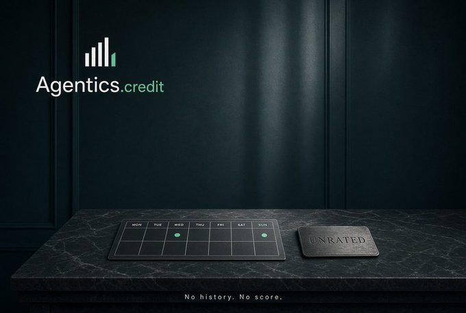A sleek, dark advertisement for 'Agentics.credit' showing a desk with a calendar mat (marked 'UNRATED') and the tagline 'No history. No score.'