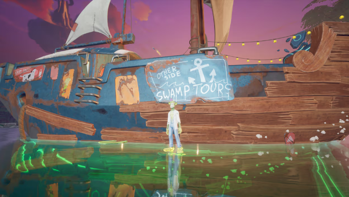A video game scene showing a character standing on a wooden dock beside a blue and brown boat with a sign reading 'OTHER SIDE SWAMP TOURS' against a purple sky.