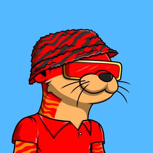 Cartoon illustration of a red-clad anthropomorphic character with a shark-like fin mohawk, wearing red sunglasses and a red polo shirt against a blue background.