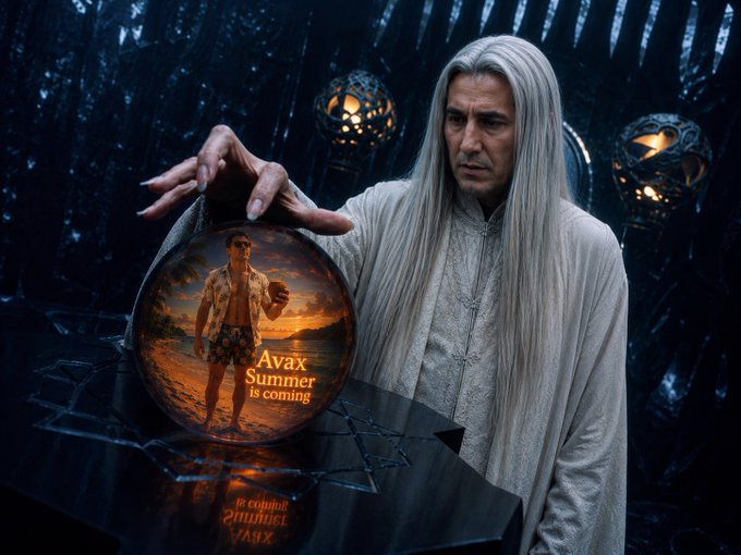 The image features a man with long white hair holding up a round object, which appears to be a poster or a sign. The background of the image shows trees, suggesting that they are in an outdoor setting. The text "Avax summer is coming @HotEminSummer is coming Feel that @ExcelBaller & @nobsfud" can be seen, and it seems like this man is promoting a movie called "Summer". This poster or sign might be related to the film "Summer", as indicated by the text. The image also includes a watermark at the bottom of the post, which could indicate that the image was taken on a website or social media platform where the post was shared.