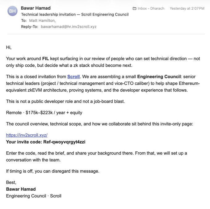 An email from "Bawar Hamad" inviting Matt Hamilton to a closed Engineering Council role at Scroll, offering $175k–$223k plus equity, with an invite code and link to a brief. The post confirms this is a widely circulated recruitment email sent to multiple crypto professionals by various senders.