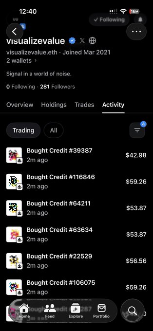 A mobile screenshot of the visualize.eth profile (visualizevalue.eth) showing recent activity of multiple "Bought Credit" transactions ranging from $42.98 to $59.26, all occurring 2 minutes ago.