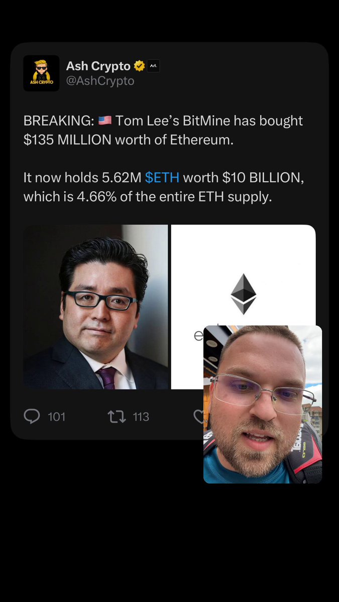 The image shows two men's faces displayed side by side, with the first man wearing glasses and a suit, and the second man wearing sunglasses and a red shirt. Both men are located at the top of the image, directly facing each other. Below them, there is text on the screen that reads "BREAKING: Tom Lee's Bitmine bought $135M worth ofETH. Bro... institutions are accumulating and ETH still can’t catch a bid." The caption is in black text against a blue background, with white bars at the bottom.