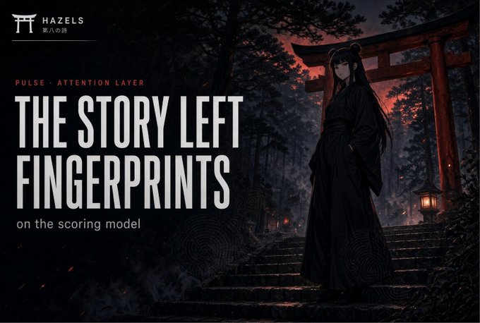 A dark, atmospheric promotional graphic featuring an anime-style character standing on stone steps before a red torii gate, with text reading 'HAZELS 第八の跡', 'PULSE · ATTENTION LAYER', and 'THE STORY LEFT FINGERPRINTS on the scoring model'.