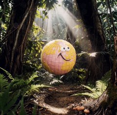 A smiling emoji ball sits on a forest path surrounded by lush greenery and sunbeams filtering through the trees, capturing the whimsical and nature-inspired theme of D3lMundos and SpallBag's "From One World To Another" open edition NFT collection.