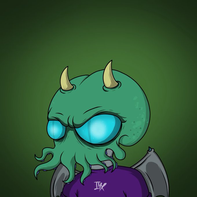 Cartoon illustration of a green Cthulhu-like monster character with horns, glowing cyan eyes, and tentacles, wearing a purple shirt with 'IMX' logo.