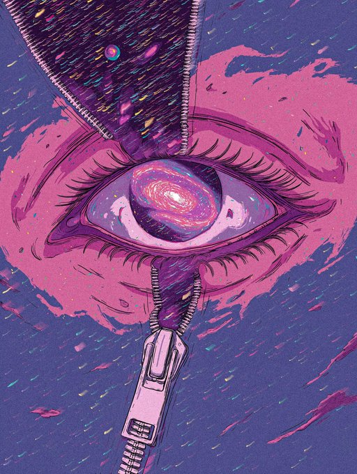 The image features a purple eye with a black planet inside of it, which appears to be floating or hovering above the eye. The background of the image is blue, and there are some text elements present as well. The caption reads "Good Morning! #ELSEWHERE is now live on @objktcom".