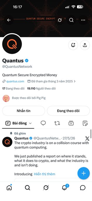 Twitter/X profile page for 'Quantus (@QuantusNetwork)' showing bio 'Quantum Secure Encrypted Money', 17 pinned posts, 19,110 followers, and a pinned tweet about the crypto industry being on a collision course with quantum computing.